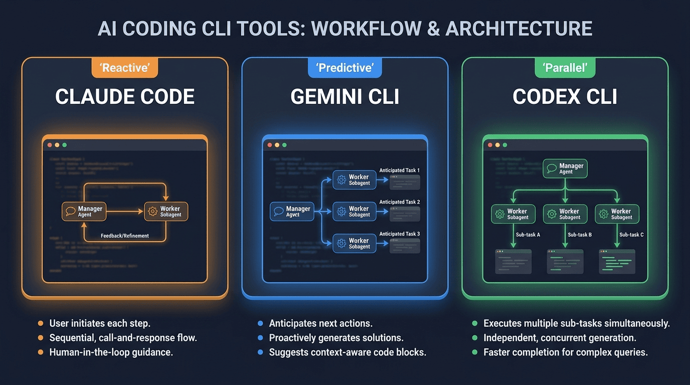 AI Agents workflow comparison: Claude Code, OpenCode, Gemini CLI, and Codex CLI subagent philosophies and key differentiators side by side. They all feel about the same.