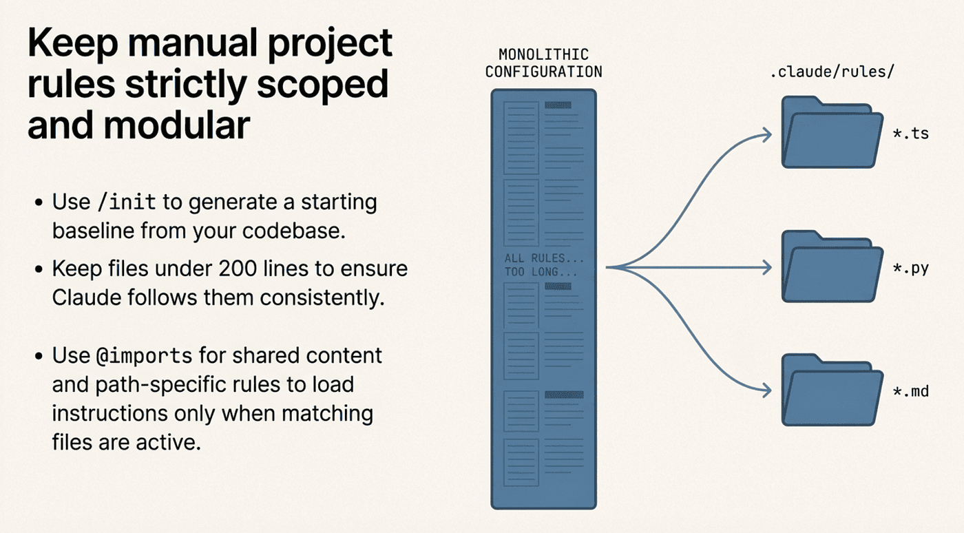 Keep manual project rules scoped and modular