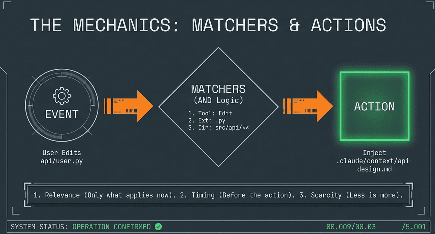 Tool Event or System Event, matcher ar the guard condition and the actions can inject context at the right exact moment so the Agent has this context when it is performing operations with tools