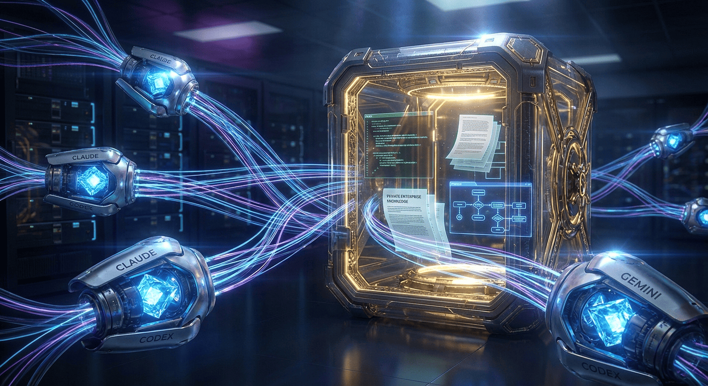 AI coding agents connected to a central private knowledge vault with data streams