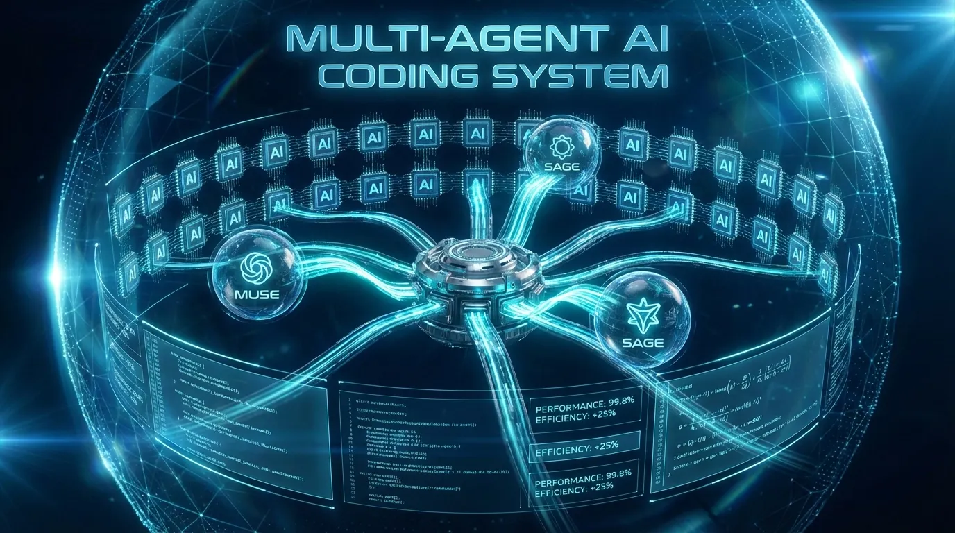 Three specialized AI agents orbiting a central harness hub with glowing data streams routing to 300+ AI models in a futuristic terminal environment, representing AI Agents in action