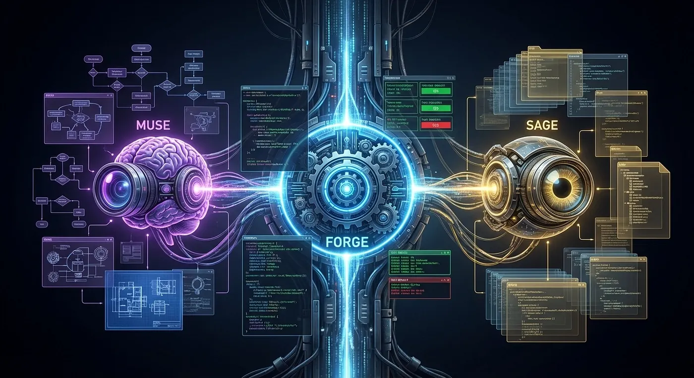 Muse in purple planning, Forge in blue executing code, and Sage in gold scanning the codebase, connected by an orchestration spine representing Agentic AI task coordination