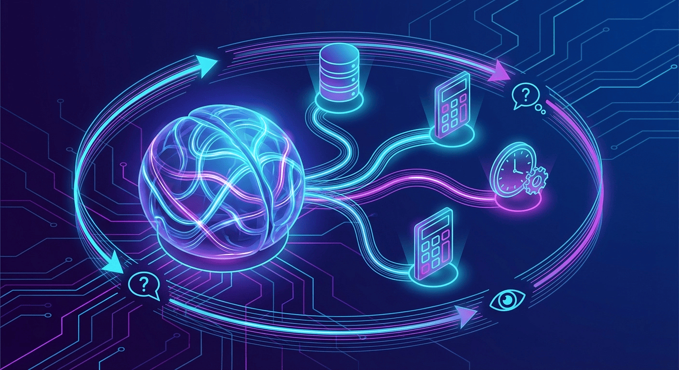 AI agent brain connected to tools through the ReAct reasoning loop, with glowing neural pathways and data streams on a dark blue background