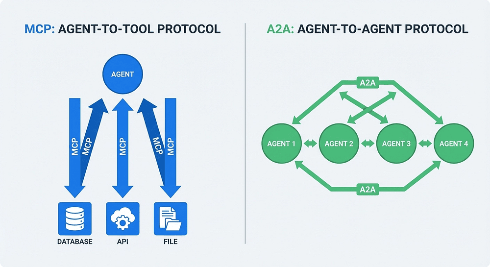 Comparison diagram showing MCP as vertical agent-to-tool connections and A2A as horizontal agent-to-agent connections forming the complete protocol stack