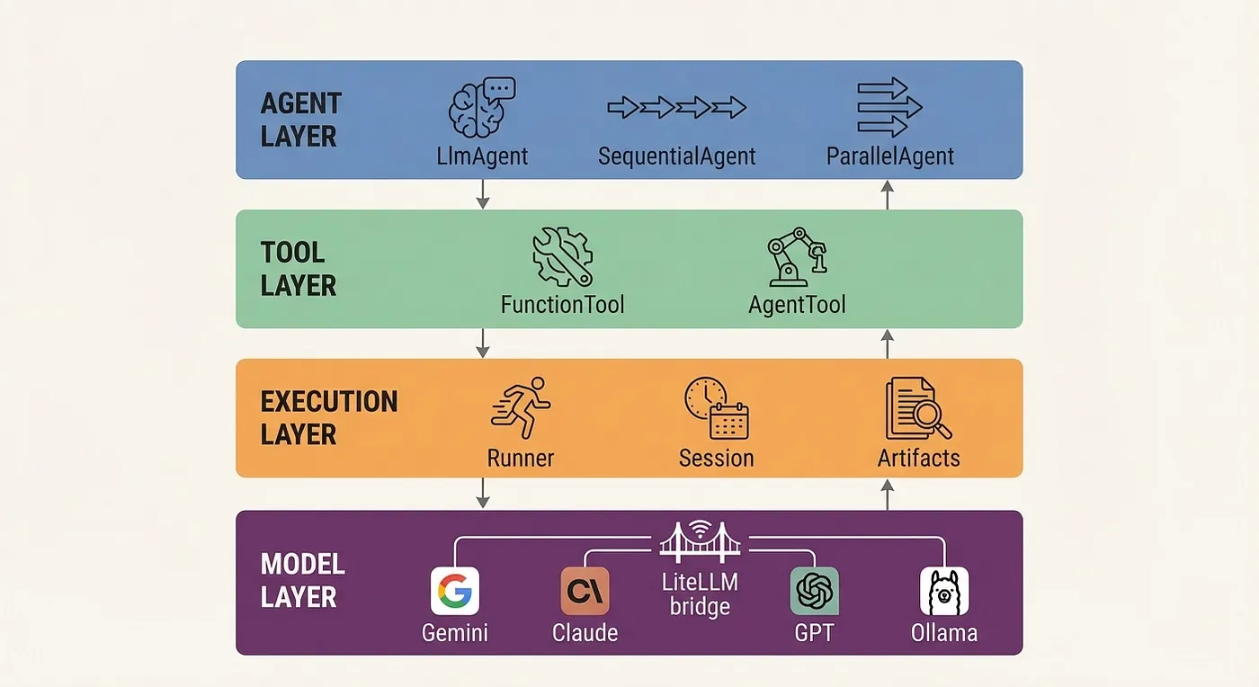 ADK’s four-layer architecture: Agent Layer (LlmAgent, SequentialAgent, ParallelAgent, LoopAgent), Tool Layer (FunctionTool, AgentTool, custom tools), Execution Layer (Runner, SessionService, ArtifactService), and Model Layer (Gemini native, LiteLLM bridge to Claude/GPT/Ollama).