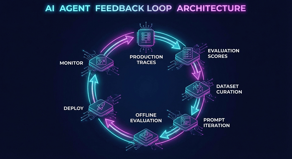 LangFuse: Complete feedback loop architecture connecting production traces, evaluation scores, dataset curation, prompt iteration, and deployment