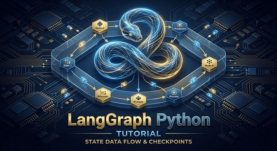 LangGraph Python tutorial cover: Python snake intertwined with a glowing directed graph showing state flowing between checkpointed nodes