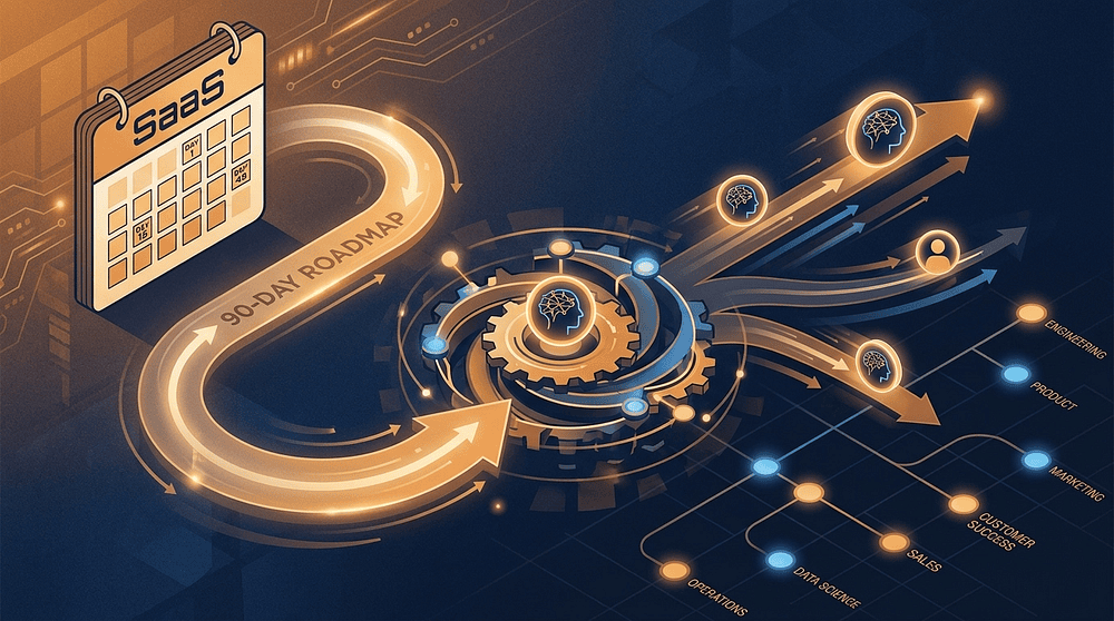 Cover image showing a 90-day roadmap transforming into a flywheel of AI agents rolling across a company organizational chart