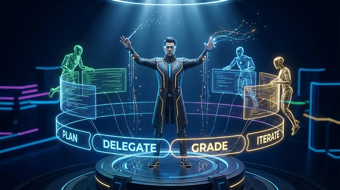 Architect figure at holographic command center orchestrating multiple AI coding agents across floating workspace screens with dramatic lighting