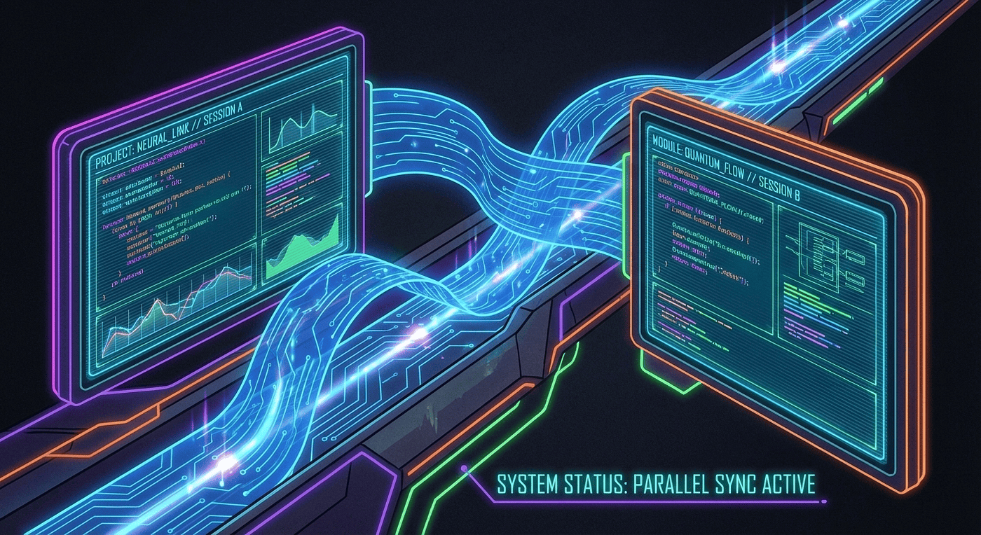 Split-screen terminal interface showing parallel coding sessions with glowing blue data streams, representing Claude Code's context management commands