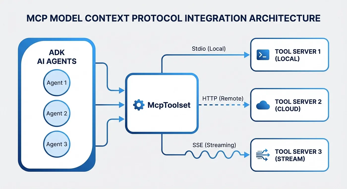 Google ADK: MCP integration architecture showing ADK agents connecting to tool servers via Stdio, HTTP, and SSE connection types through McpToolset