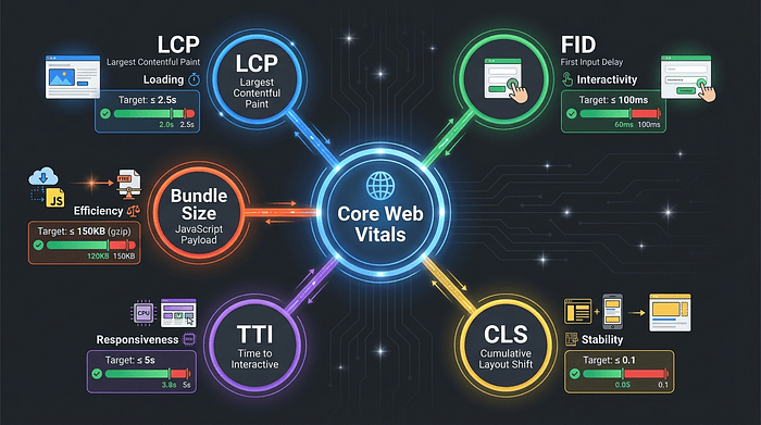 Core Web Vitals Mindmap: Central node with five branches showing LCP (loading, target 2.5s), FID (interactivity, target 100ms), CLS (stability, target 0.1), TTI (time to interactive), and Bundle Size (JavaScript payload)