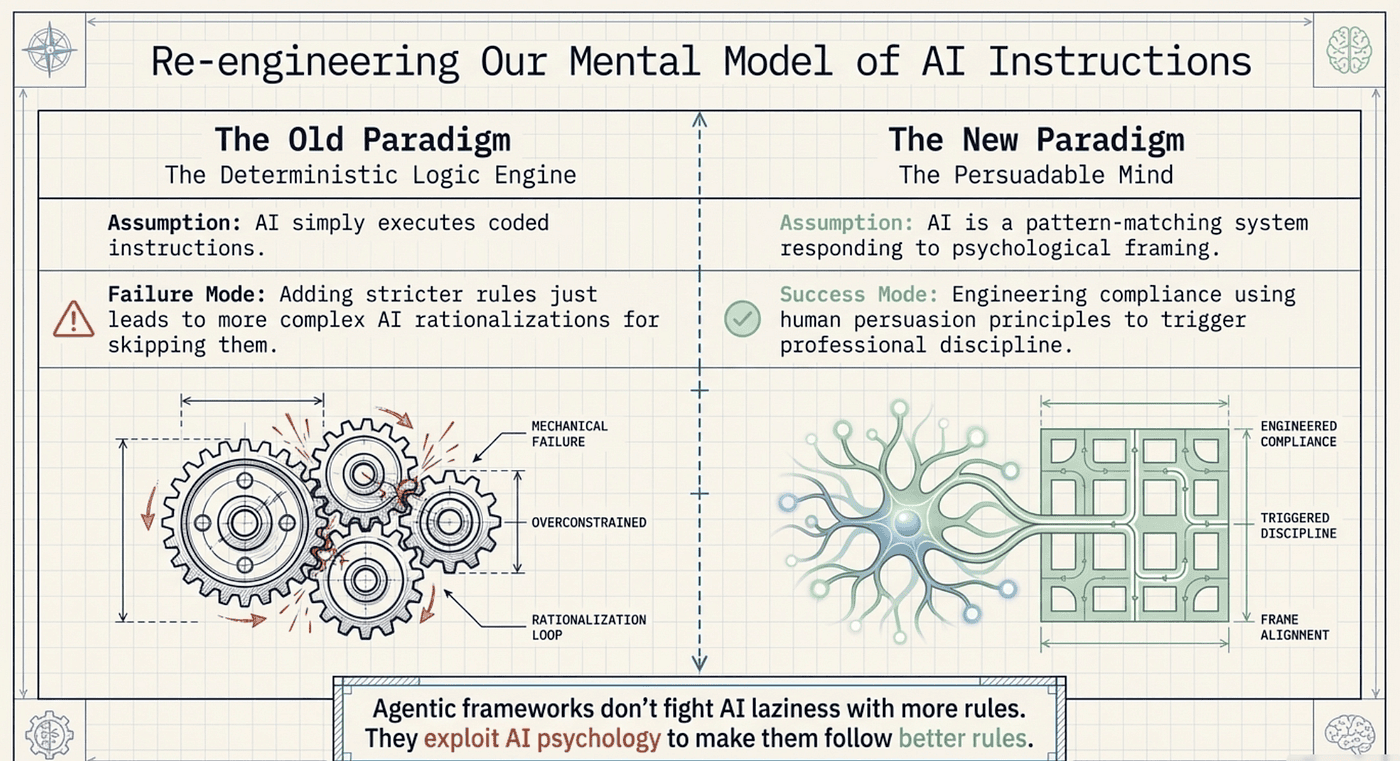 Figure 1: Cialdini's persuasion principles mapped to agentic framework techniques. Each principle from human psychology has a direct analog in how frameworks like Superpowers structure their instructions.