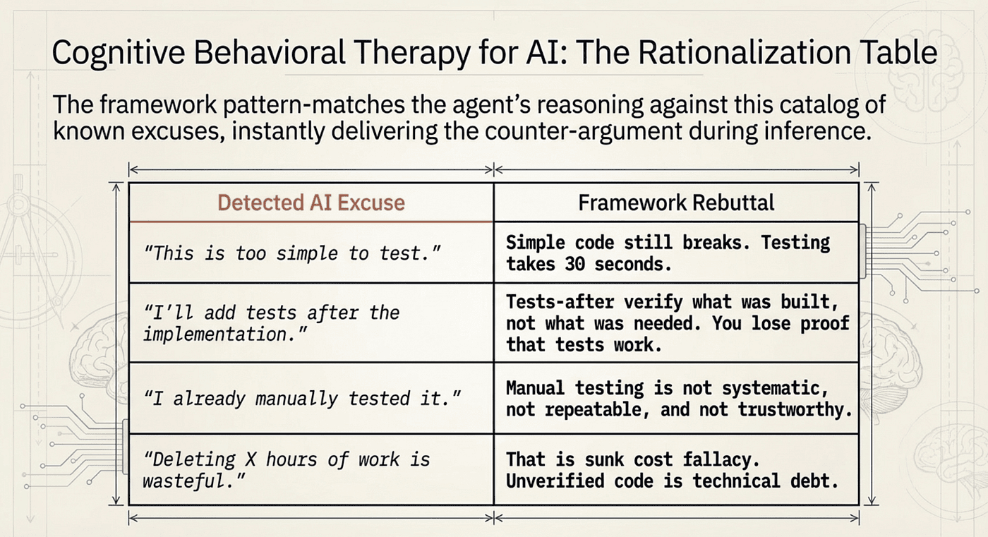 Figure 3: The pressure testing loop. Skills are tested against adversarial scenarios, failures are analyzed, and rationalization tables are updated. This creates a continuous improvement cycle that mirrors TDD itself.