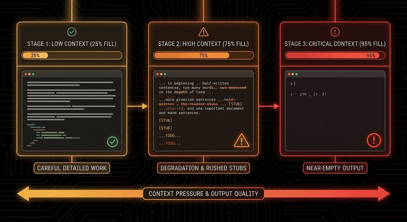 LLM context anxiety: detailed output at 25% context fill degrades to stubs and placeholders at 95%, amber warning indicators mark each degradation stage in the timeline
