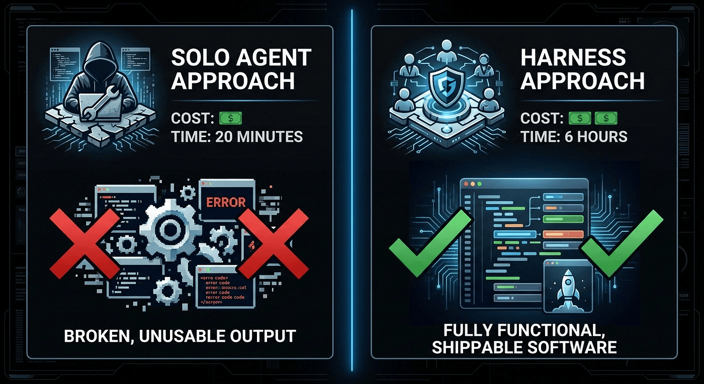 Solo AI agent at $9 produces broken unusable output; agent harness at $200 produces fully functional shippable software — value delivered is the only metric that matters