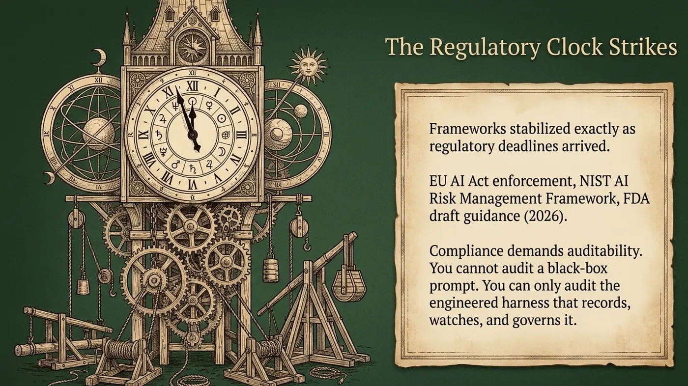 EU AI Act enforcement deadlines hit in 2026. NIST's AI Risk Management Framework is now de facto.