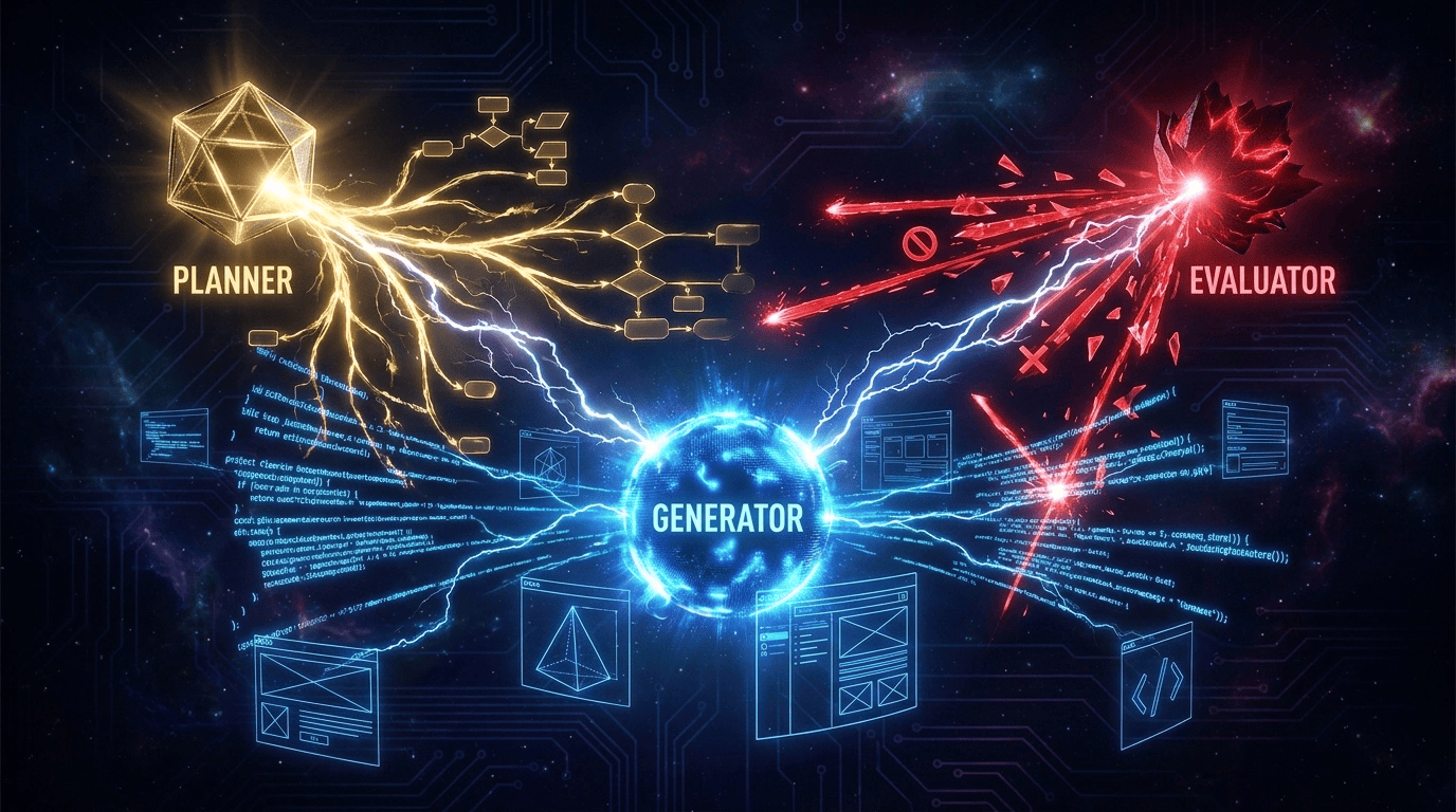 Anthropic Multi-Agent Harness: three adversarial AI Agents (Planner, Generator, and Evaluator) locked in productive tension driving quality output