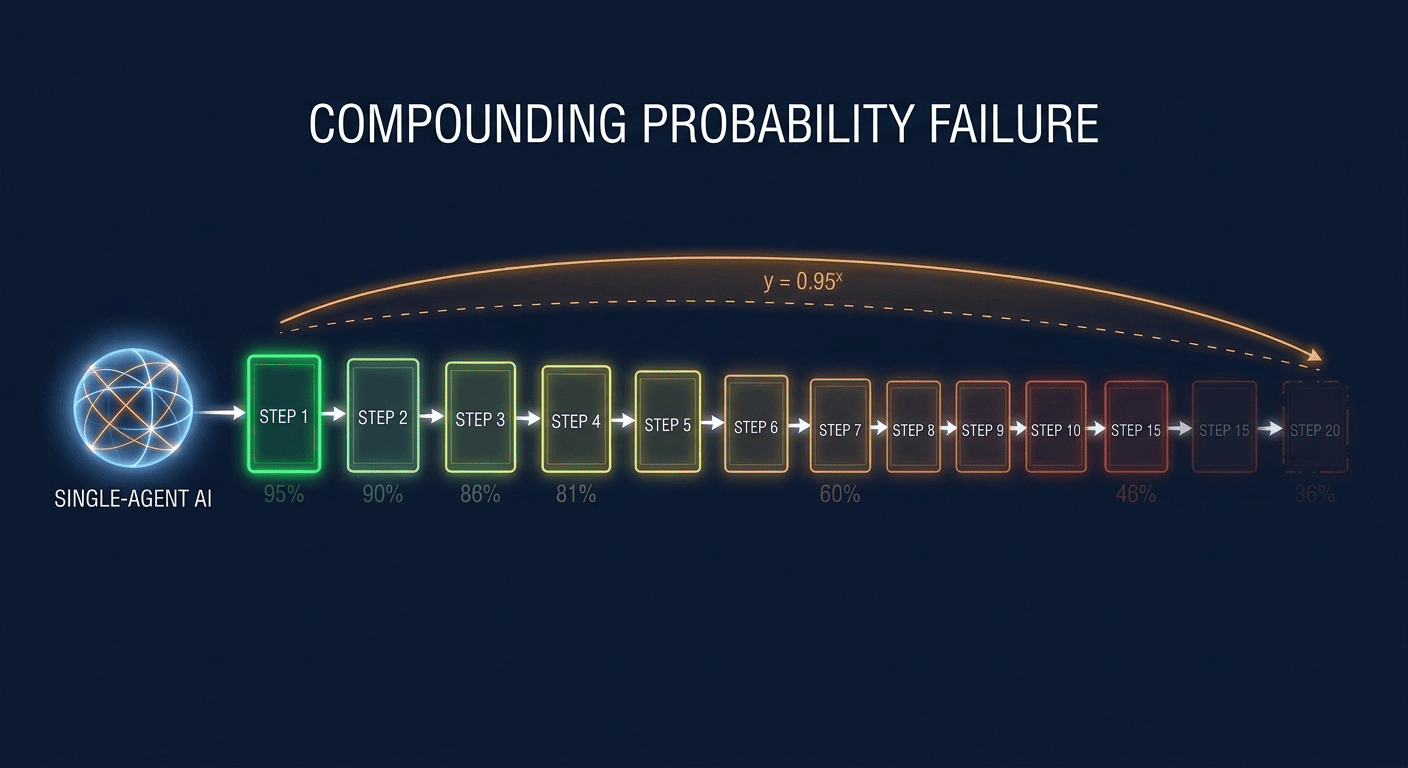 AI Agents reliability decay: compounding error collapses single-agent success from 95% to 36% across 20 sequential task steps
